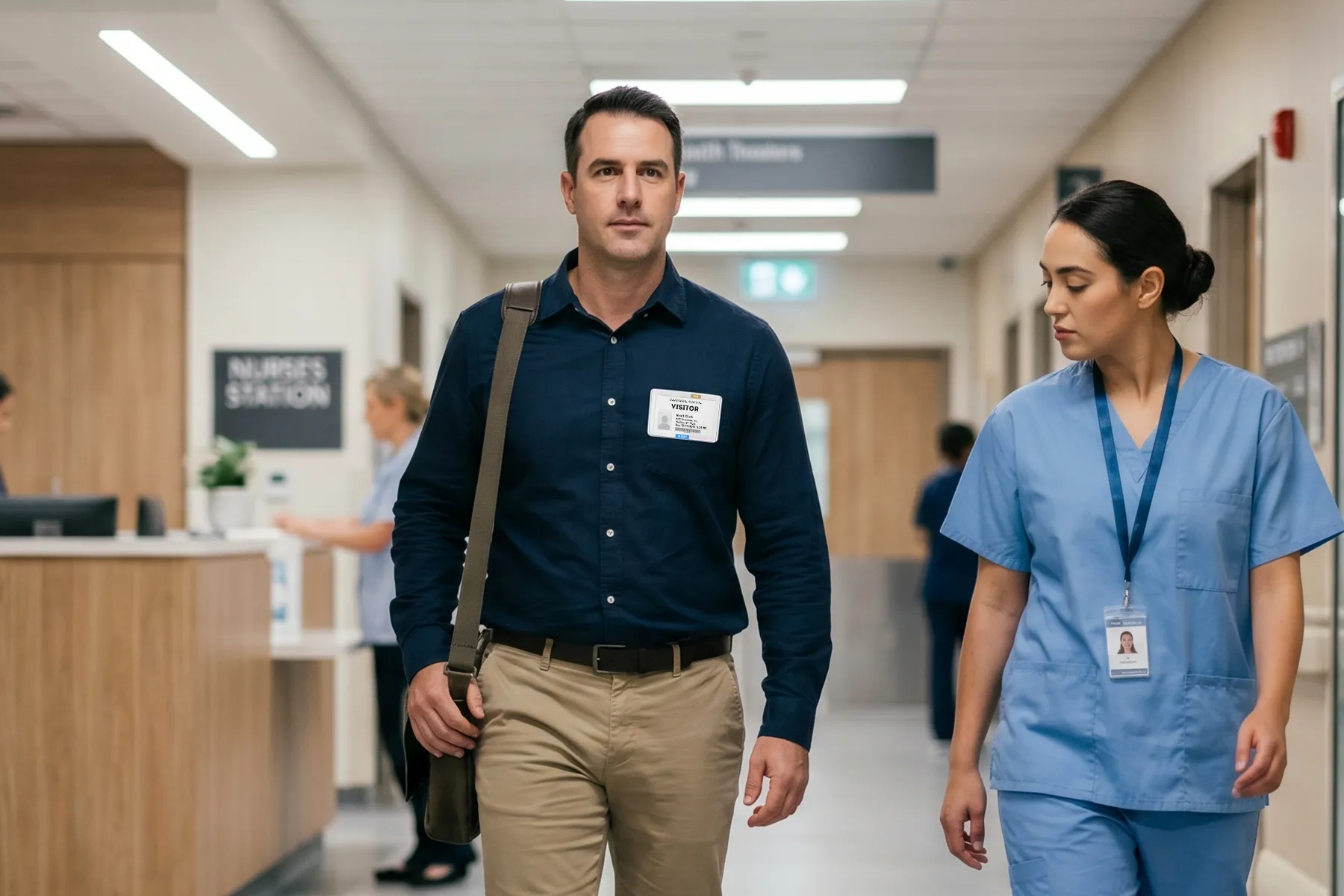 A nurse walking beside a visitor whose badge color is visible down a hospital hallway