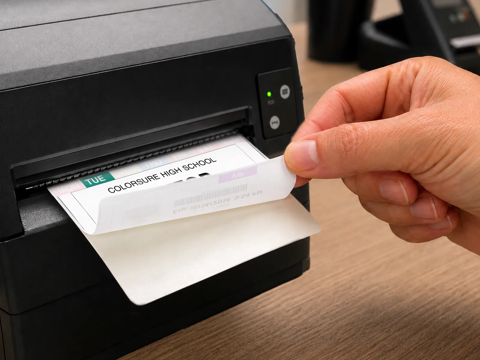 A hand peeling a printed color visitor badge from a direct-thermal label roll