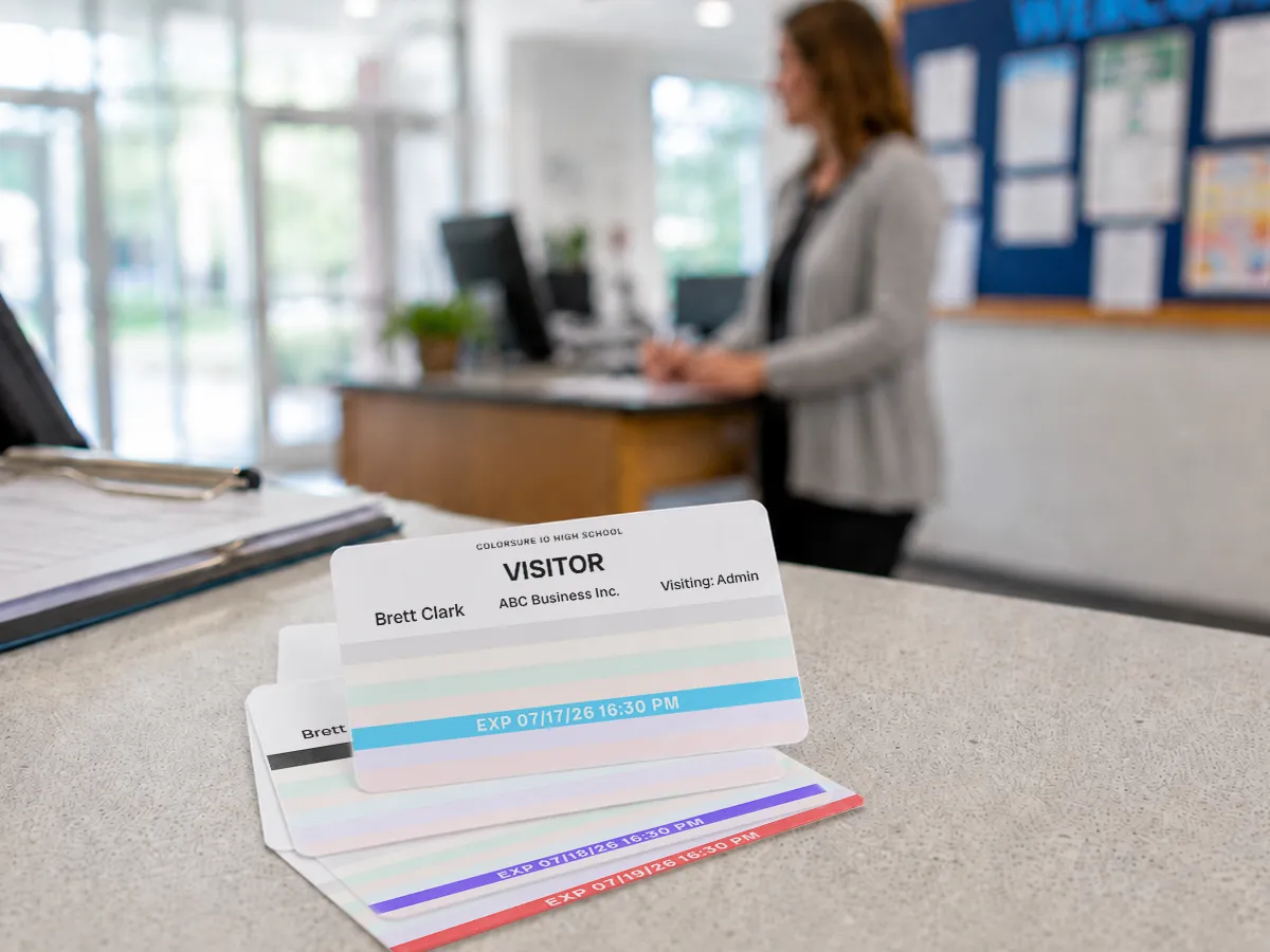 Color visitor badges on a school front-desk counter