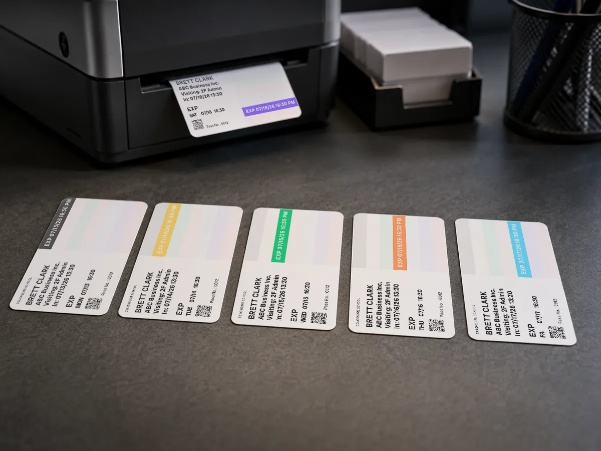 Monday through Friday visitor badges, each with a different color band, beside a badge printer
