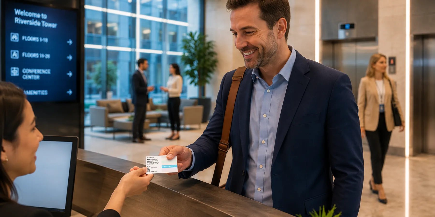 A visitor with a color badge checking in at a corporate lobby desk