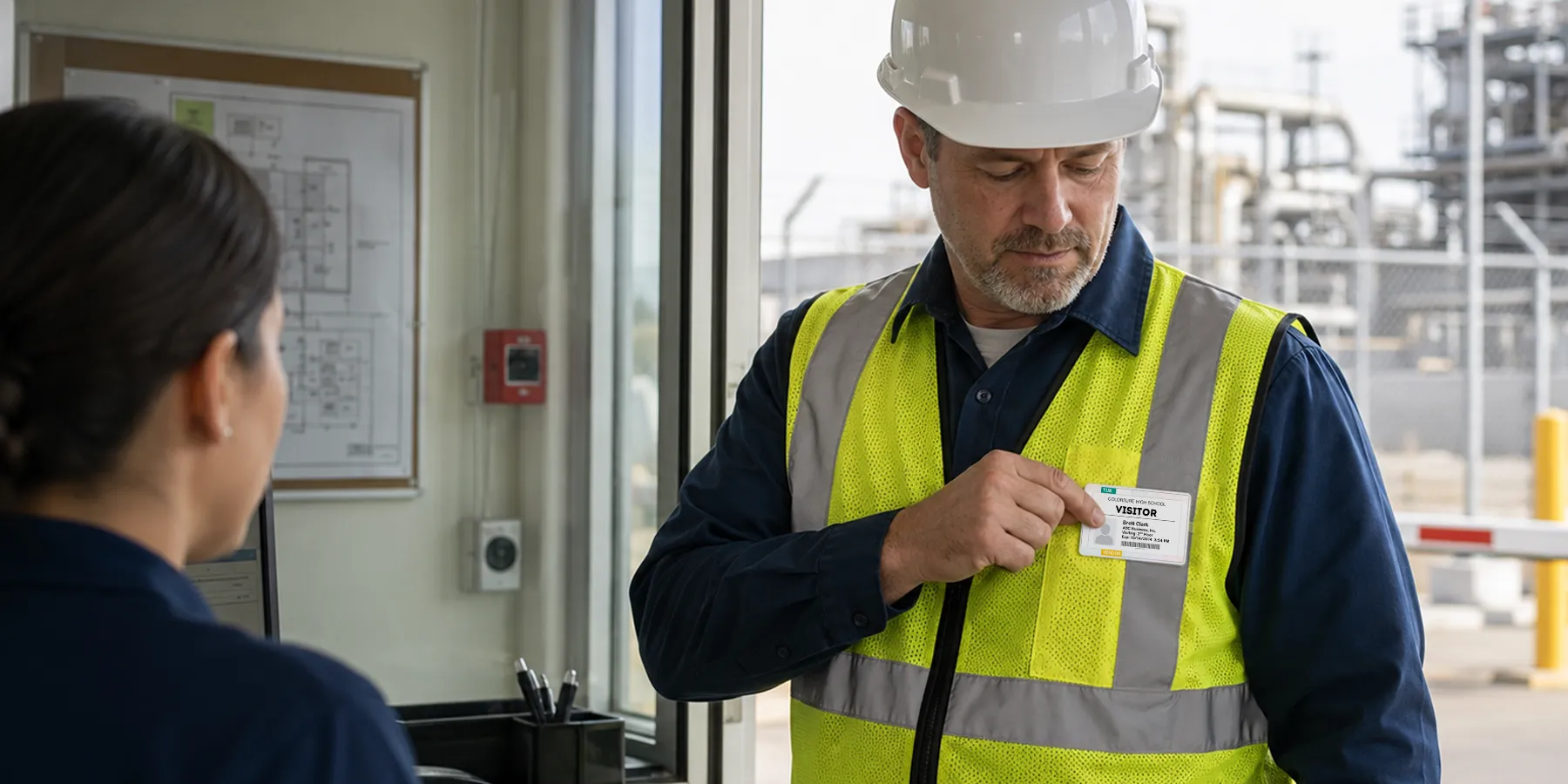 A contractor wearing a color visitor badge at an industrial site entrance