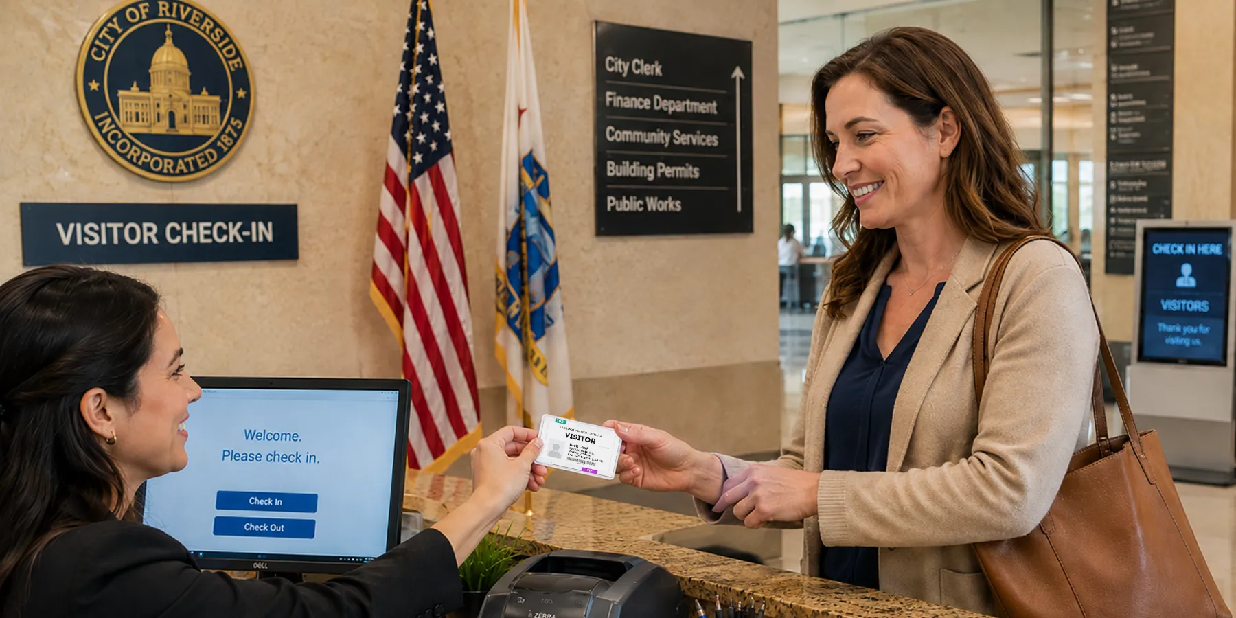 A visitor with a color badge at a government building security desk