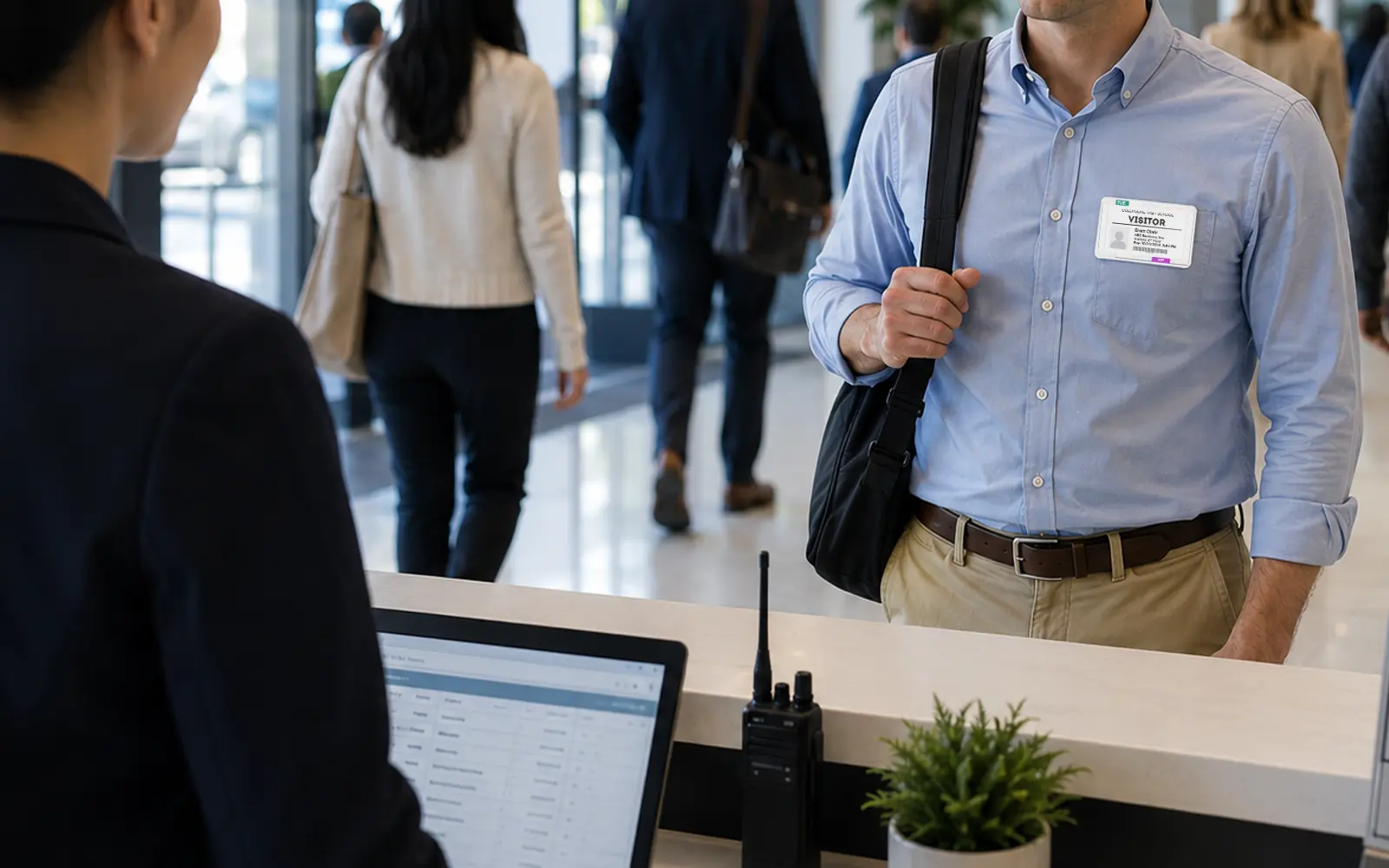 A receptionist seeing a visitor’s color badge from across a lobby desk