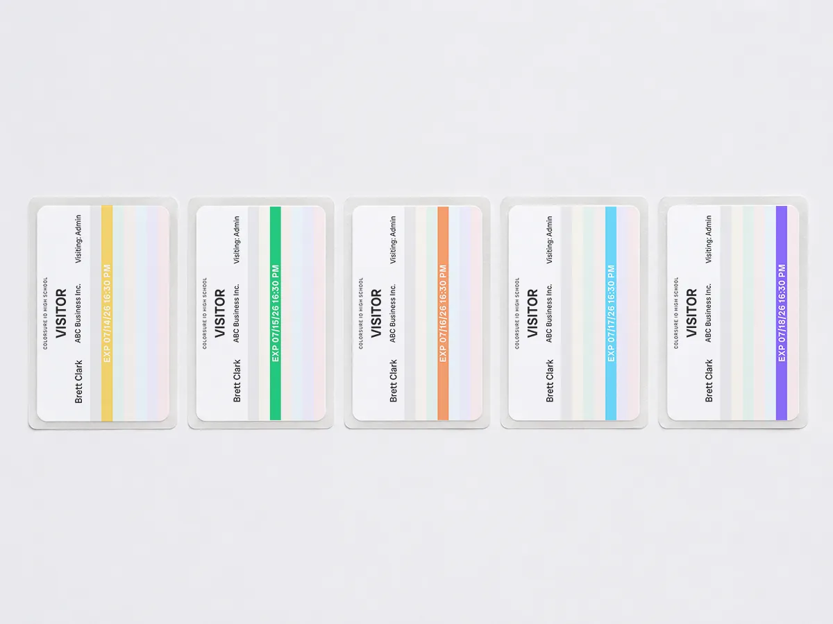 Visitor badges arranged by day of the week, each with its own color