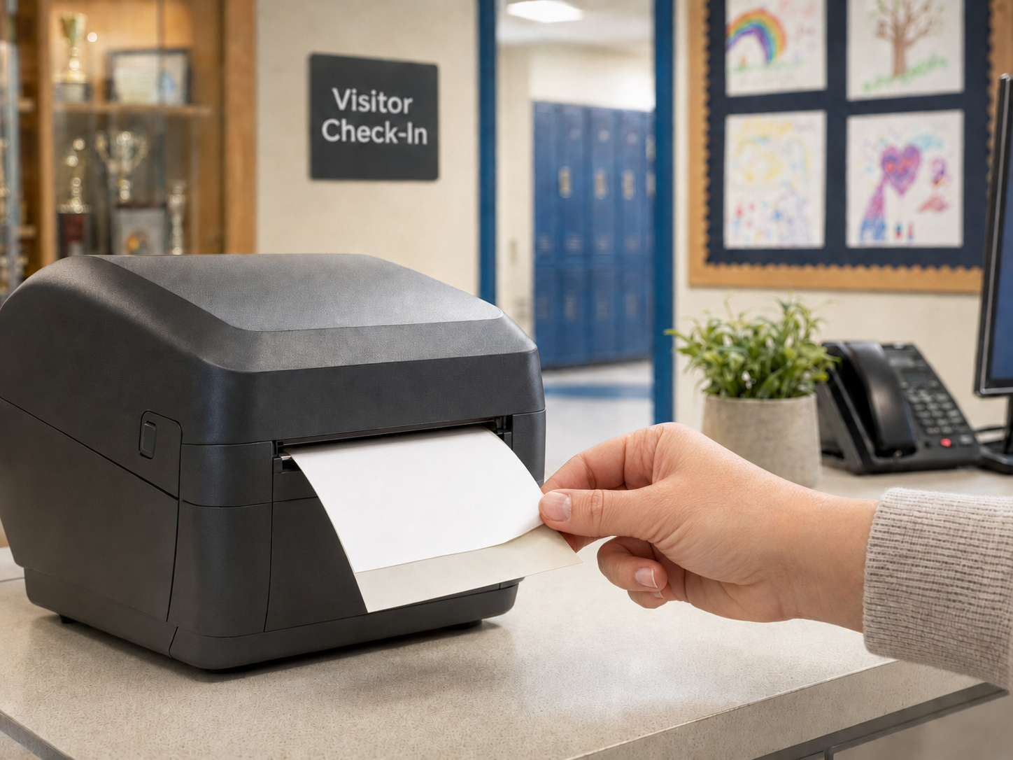 A badge printer at a school visitor check-in desk