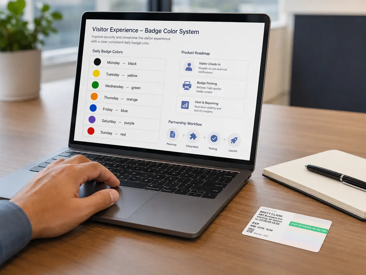 Software partners reviewing color badge label options on a laptop