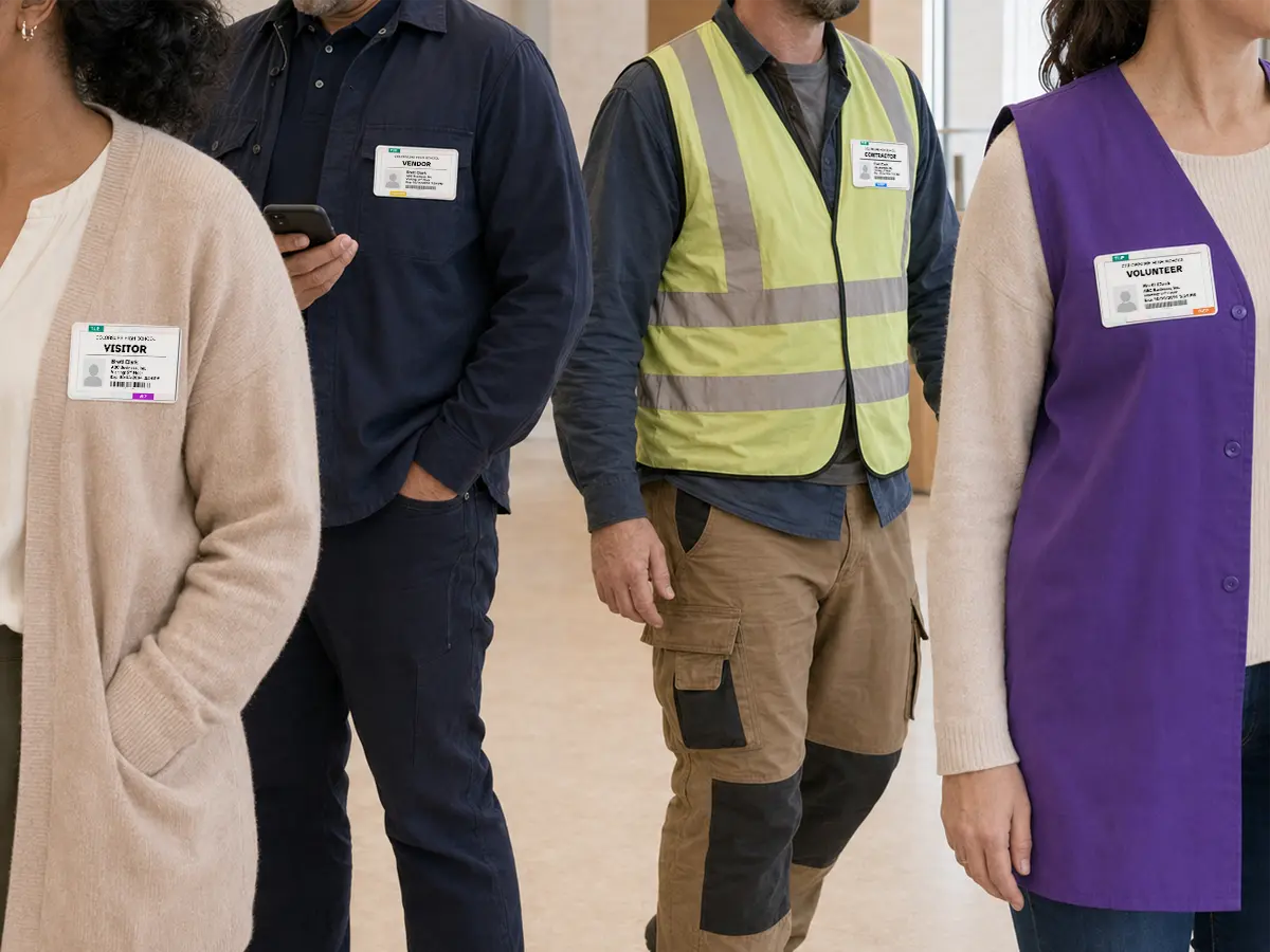 Visitor badges in different colors for guests, vendors, volunteers, and contractors