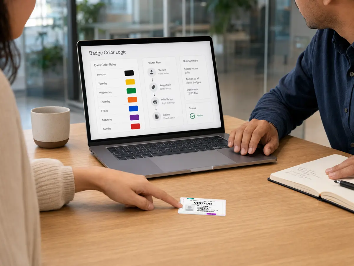 A software team planning a color badge partnership around printed label samples