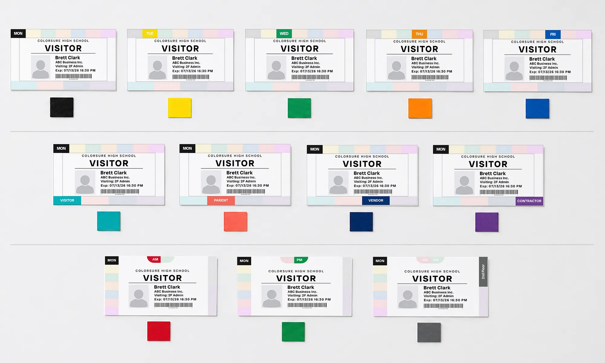 Visitor badges grouped by day of week, visitor type, and AM or PM color rules