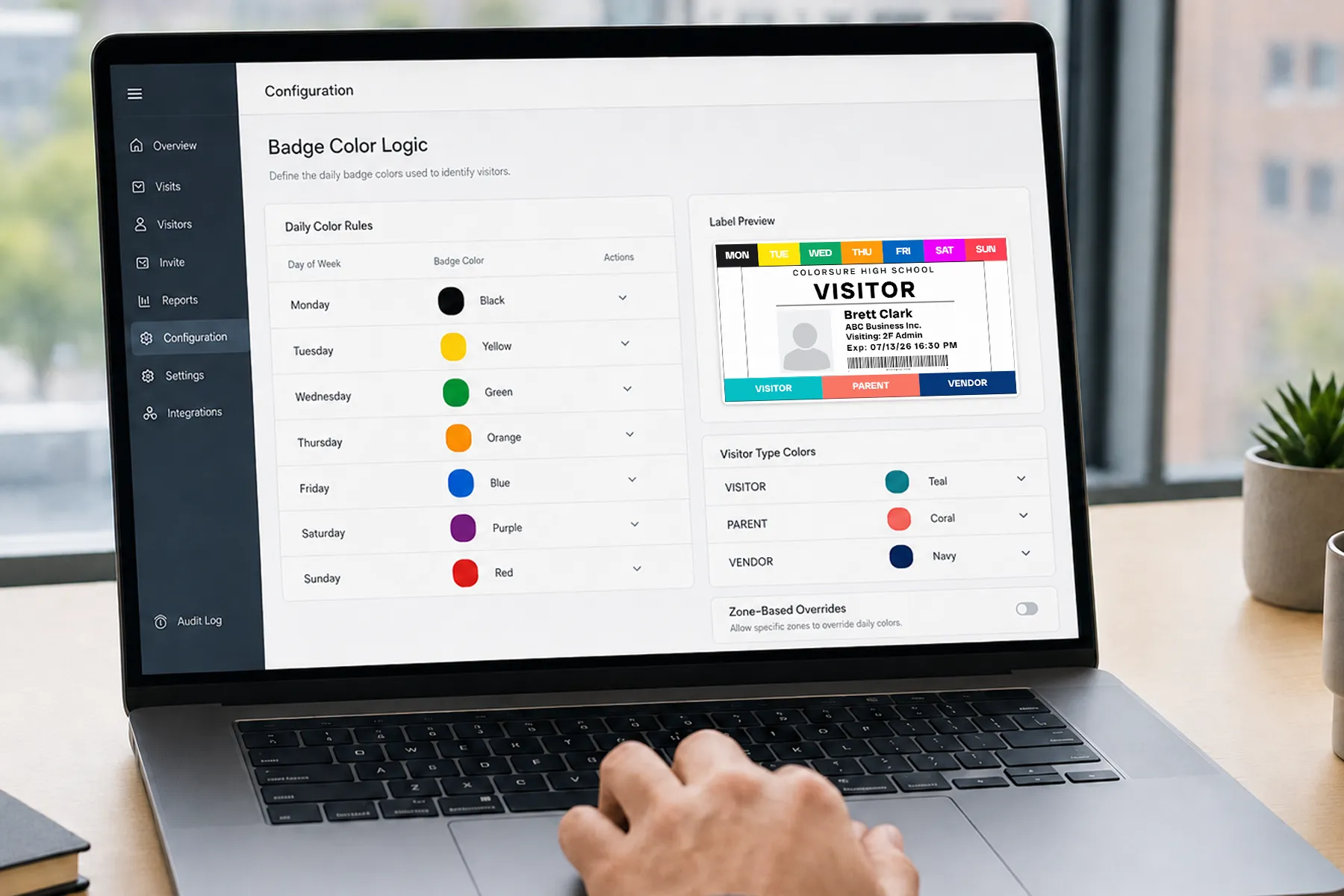 A laptop showing badge color rules configured for each day of the week